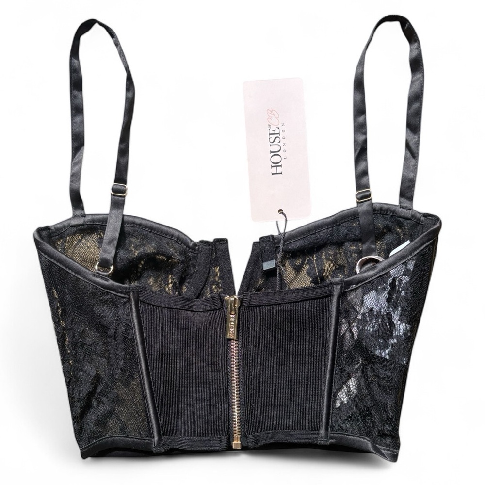 House of CB Sheer Lace Corset Top Black V-Wire NWT XS - Picture 2 of 8